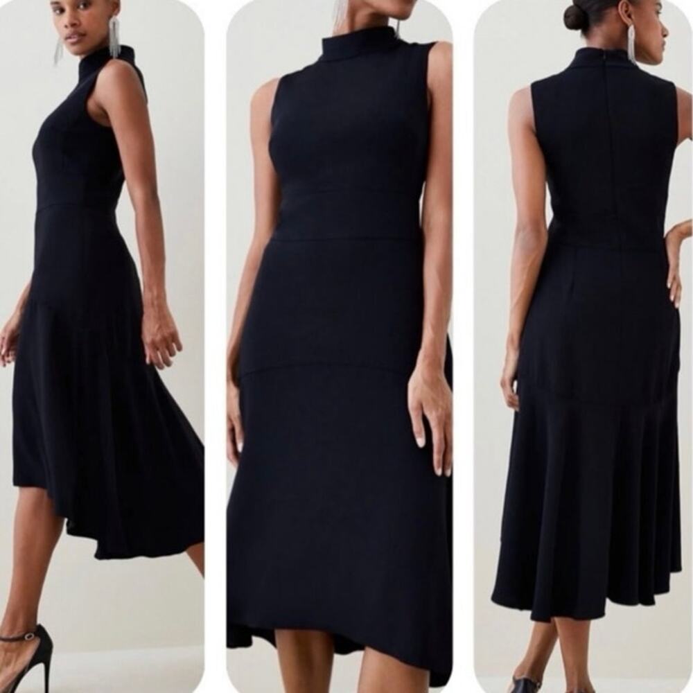Karen Millen Soft Tailored High Low Midi Dress Black 6P NWT Elegant Sleeveless